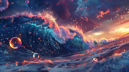 dreamy ocean landscape with colorful water droplets
