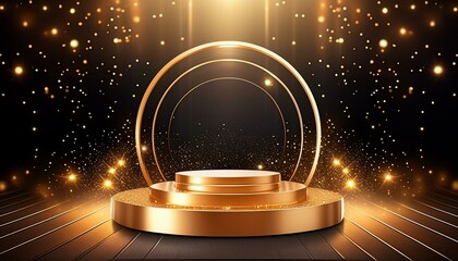 Abstraktes goldenes Podium mit Funkeln auf schwarzem Hintergrund. Futuristisches, elegantes und modernes Design. Perfekt für digitale Kunst, Branding und Webdesign.
