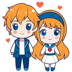 cute anime couple in a chibi style, showcasing their love. The boy has messy red hair and is wearing a blue jacket, while the girl has long orange hair tied with a headband 