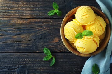 Bowl of bright yellow ice cream garnished with fresh mint leaves on a dark wooden table