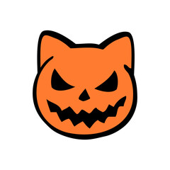 Logo con cabeza de gato para invitaciones y tarjetas de Halloween. Silueta de cabeza de gato con sonrisa de calabaza de Halloween