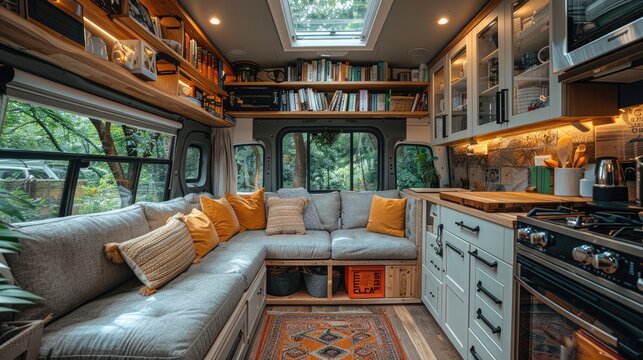 kitchen interior in cozy van in the trailer of mobile home or recreational vehicle, concept of family local travel in native country on caravan or camper van and camping life.