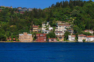 Blue seascape overlooking the coast. View of the Bosphorus in Istanbul city on sunny summer day, in a public place.