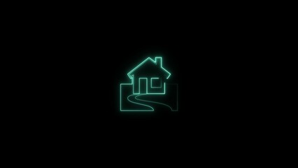 Abstract neon electric line home icon cyan color illustration. House icon bright neon light black background 4k illustration.