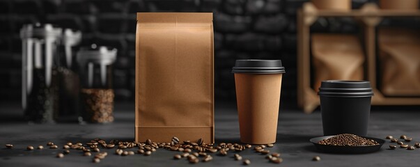 Coffee branding mockup featuring a take away paper cup and craft bag on a concrete countertop