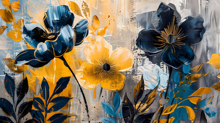 Silhouettes of beautiful flowers on canvas.Gold, black, blue and gray colors Oil color painting. Generative AI.