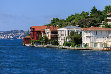 Citycape, View of the Bosphorus in Istanbul city on sunny summer day, in a public place.