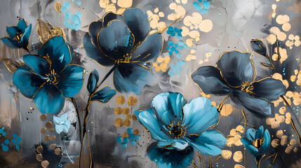 Silhouettes of beautiful flowers on canvas.Gold, black, blue and gray colors Oil color painting. Generative AI.