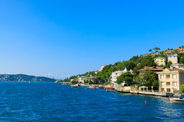 Citycape, View of the Bosphorus in Istanbul city on sunny summer day, in a public place.