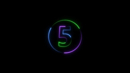  five number display neon style colorful number illustration. Black background colorful circle 4k illustration.
