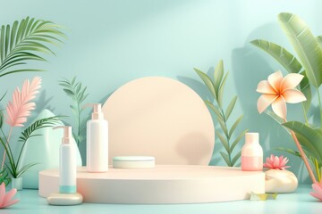 Tropical Beauty Product Display – 3D Illustration for Print, Card, Poster Design