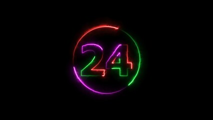 twenty four neon light colorful number illustration. Colorful circle Black background 4k illustration.