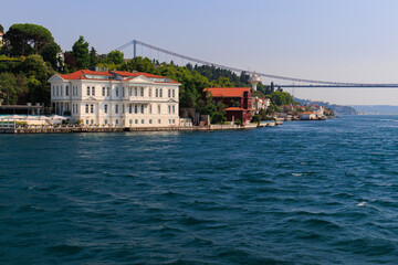 Blue seascape overlooking the coast. View of the Bosphorus in Istanbul city on sunny summer day, in...