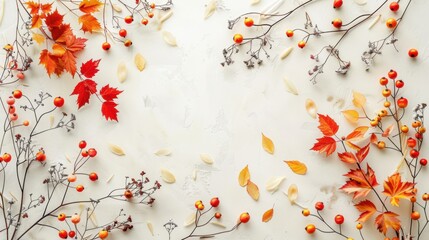Vibrant autumn leaves and berries arranged on a white background, capturing the essence of fall with colorful foliage.