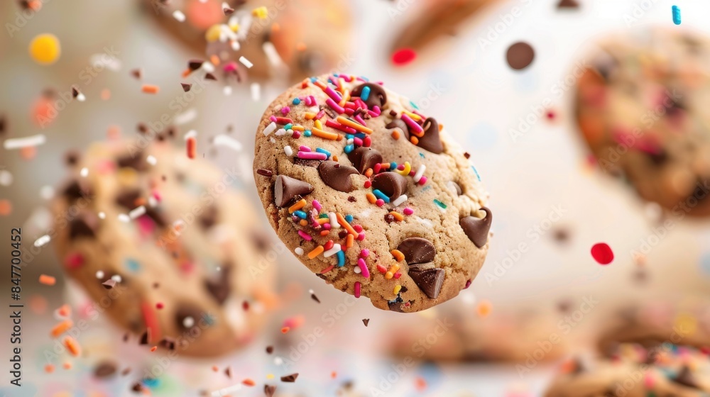 Poster dynamic shot of chocolate chip cookies with colorful sprinkles in mid-air, creating a fun and whimsi