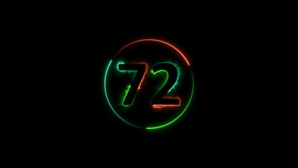 seventy two neon light colorful number illustration. Colorful circle Black background 4k illustration.