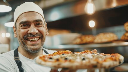 Smiling chef proudly presenting a freshly baked pizza in a warm, inviting restaurant kitchen, showcasing his culinary skills.