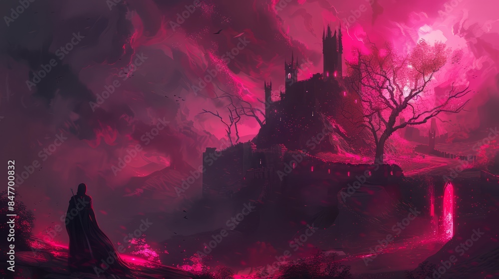 Wall mural a painting of a castle with red and purple flames, ai