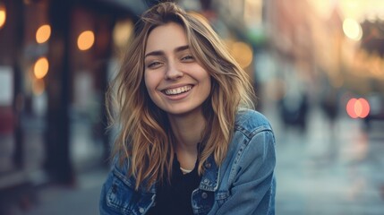 Fototapeta premium A woman with a joyful expression, laughing in an urban street with blurred city lights in the background.