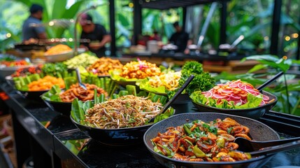 A vibrant salad bar featuring a variety of fresh dishes, with people preparing food in the background.