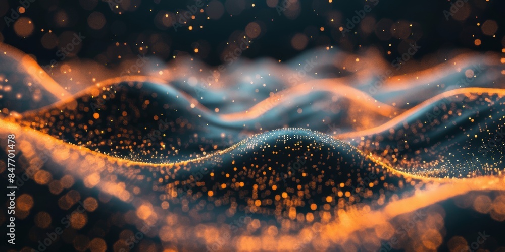 Poster abstract representation of orange and blue light waves creating a dynamic, flowing pattern against a
