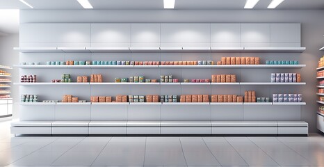  Supermarket Shelves With Blank Banners And POS Display Design. 3D rendering design. 