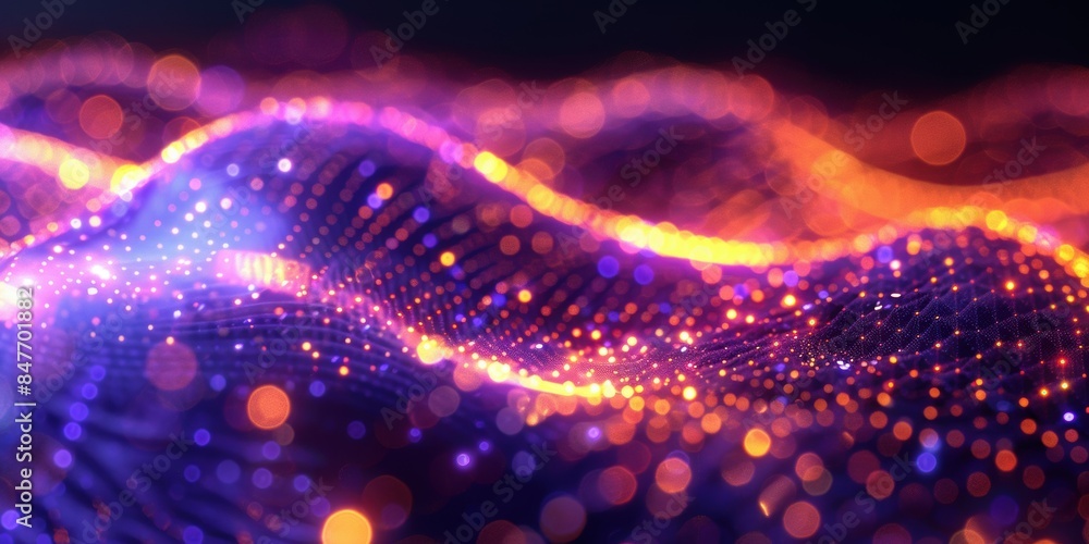 Poster abstract glowing digital wave with purple and orange lights, creating a futuristic and dynamic visua