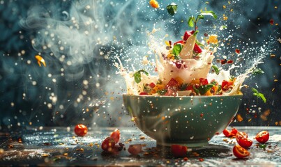 Dynamic flavors exploding from a mixing bowl in a food bomb