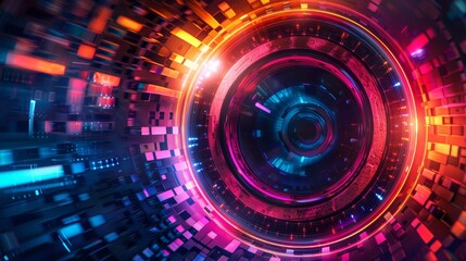 Obraz premium Sound amplification circle, abstract art, neon lights, metallic finish, cutting-edge design