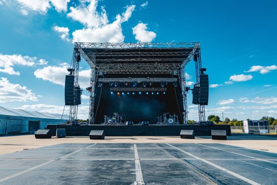 An empty festival stage with equipment left behind, blue skies overhead