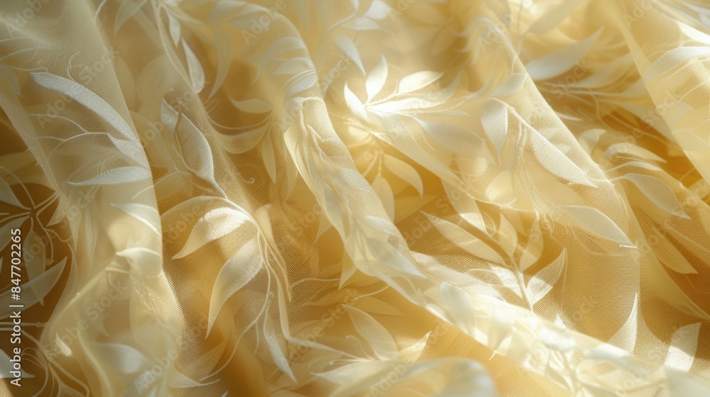 Poster a close-up view of delicate golden fabric with intricate patterns, showcasing its soft texture and e