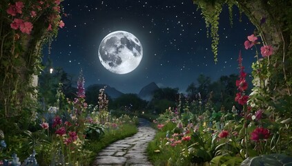 magic secret garden, moon, stars, detailed, 8k, --ar 23