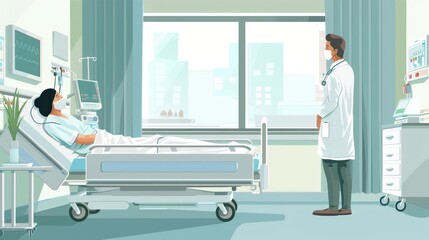 Patient and doctor discussing insurance plan, flat design, cool colors, vector art, super realistic, copy space
