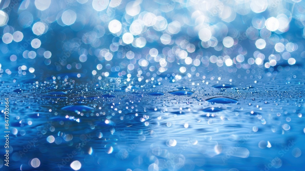Poster a close-up image of sparkling blue water drops with bokeh lights in the background, creating a magic