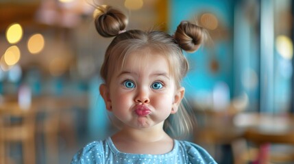 Fototapeta premium A playful image of an adorable toddler with pigtails making a pouty face, highlighting her big blue eyes.