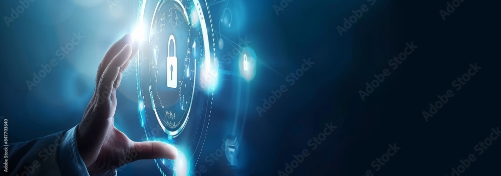 Poster cybersecurity: businessman with cybersecurity icon pointing to technological business data network, 