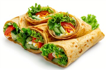 Vegetable Tortilla Rolls, Burrito with Cream Cheese, Tomato, Bell Pepper, Cucumber, Lettuce and Spicy Sauce