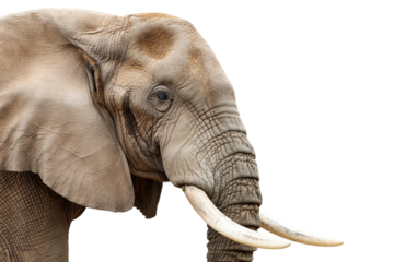 A large elephant with tusks is standing in front of a white background, transparency background PNG