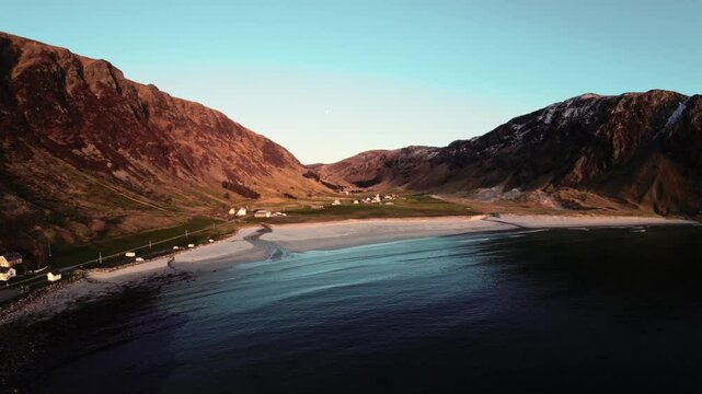 Beautiful remote surf beach of Hoddevik in Norway, aerial view