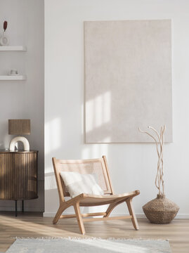 View of modern scandinavian style interior with chair and trendy vase, Home staging and minimalism concept