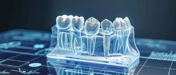 Advanced 3D dental implant in a digital interface, cutting-edge tele dentistry technology, futuristic design