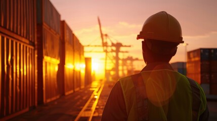 Back view of a port worker at sunrise, monitoring shipping containers, global trade logistics