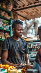Obraz premium A young man in a black apron operates a cash register at a market stall, with fresh fruit displayed