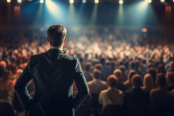 Generative AI illustration motivational speaker with microphone in hand in front of audience at conference room