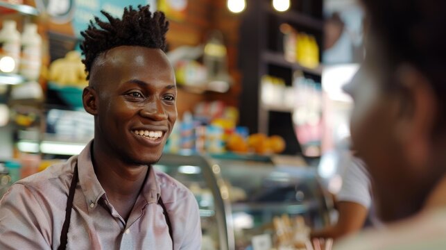 A man wearing a pink shirt smiles at a customer in a busy bakery