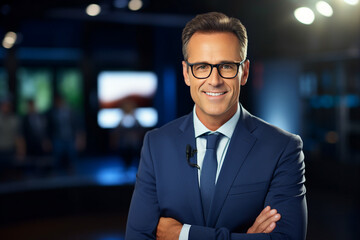 Obraz premium Professional reporter journalist in front of camera making breaking news reportage Generative AI picture