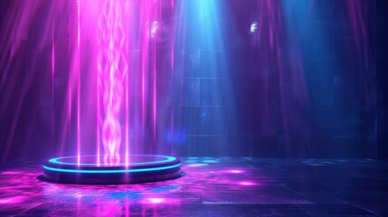 Digital podium with bright hologram portal in a tech environment