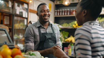 A man wearing an apron stands at a counter in a grocery store, smiling and speaking to a customer