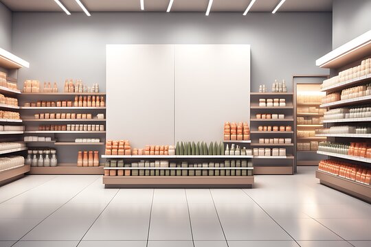  Supermarket Shelves With Blank Banners And POS Display Design. 3D rendering design. 