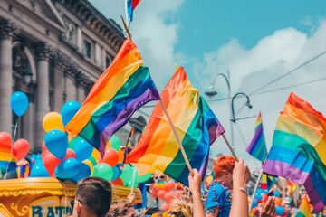 Crowd celebrating with rainbow flags at a public event